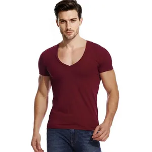 Zbrandy Mens Deep V Neck T Shirts Vneck Tshirt Low Cut Undershirts Slim Fit Short Sleeve Tees Casual Wine Red XXL